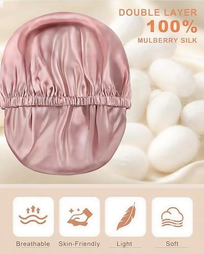 100% Mulberry Silk Bonnet for Sleeping, Double Layered 22 Momme Silk Hair Wrap with Adjustable Elastic Band, Soft & Breathable Pure Silky Hair Bonnet Reduce Frizz (Black)|B0FMRGRW8G