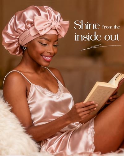 YANIBEST Satin Bonnet Silk Bonnet for Sleeping Hair Bonnet with Tie Band Head Wrap Bonnets for Black Women Curly Natural Hair, Black, L|B0BLYFFMSV