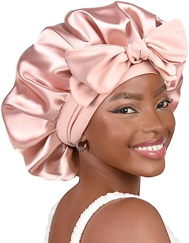 YANIBEST Satin Bonnet Silk Bonnet for Sleeping Hair Bonnet with Tie Band Head Wrap Bonnets for Black Women Curly Natural Hair, Black, L|B0BLYFFMSV