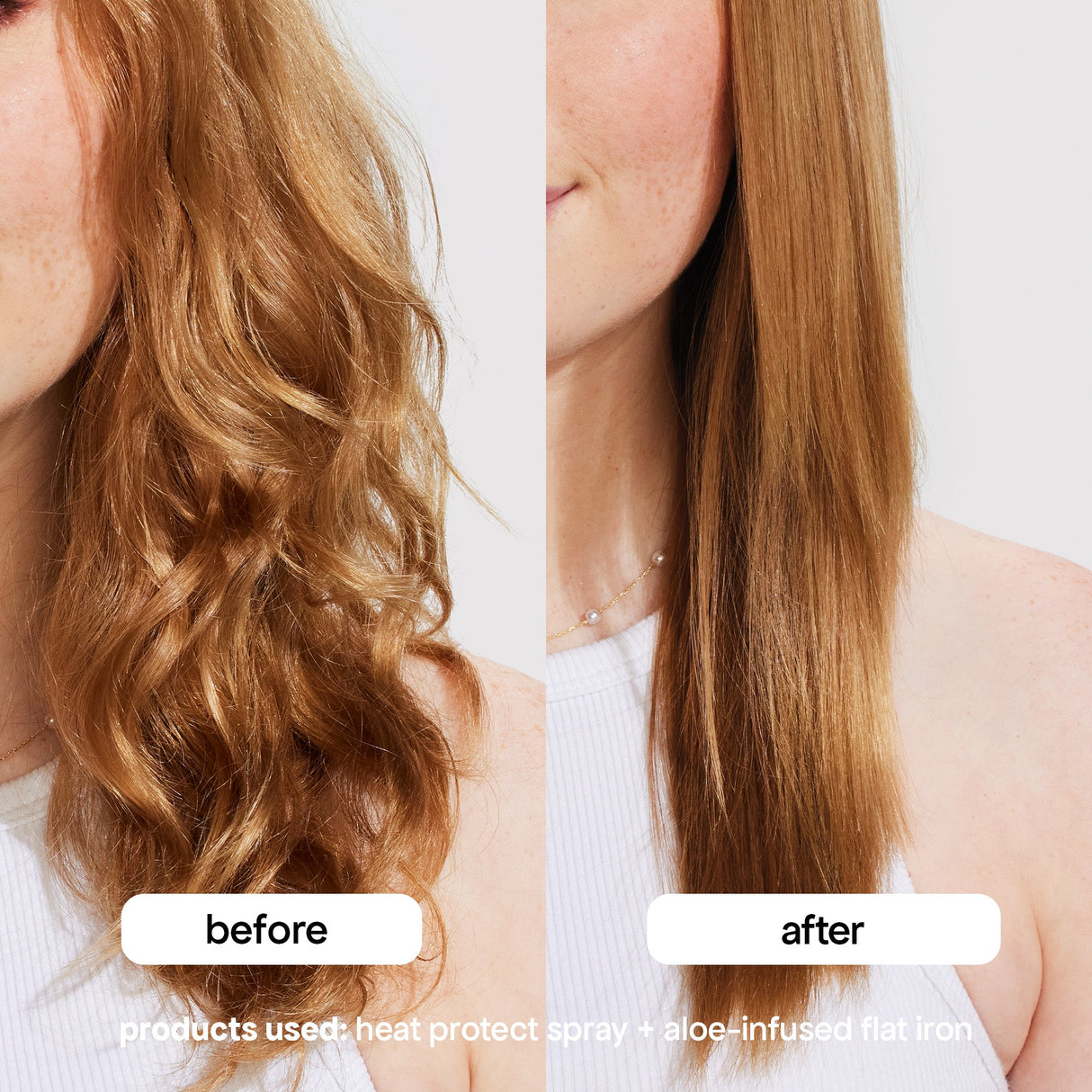 before and after using heat protect spray and the aloe infused flat iron