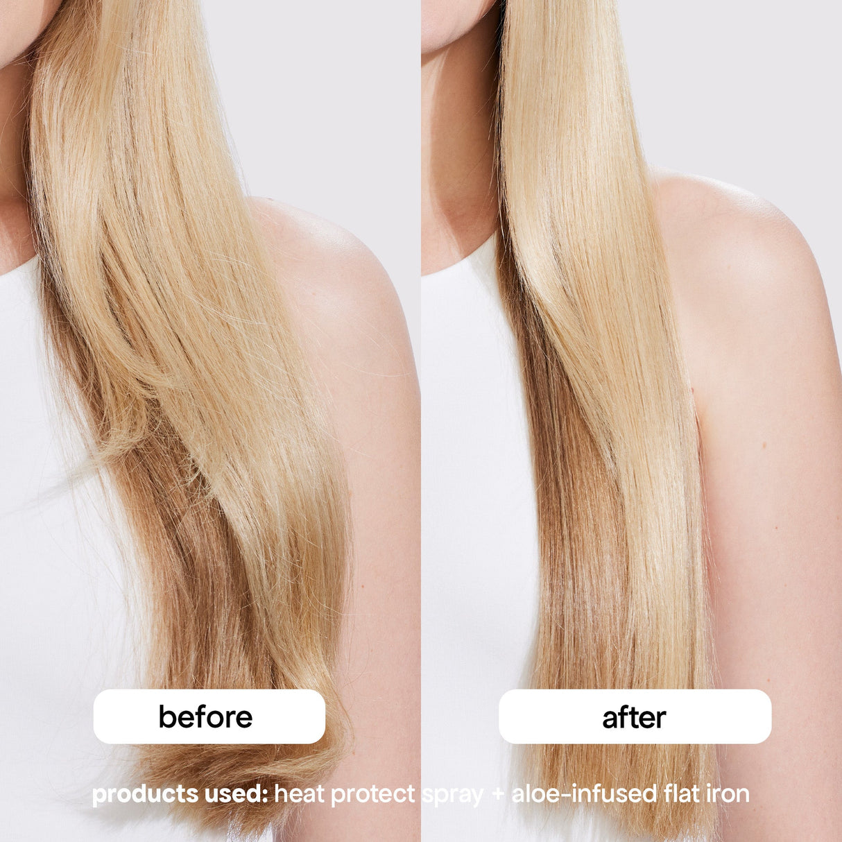 before and after using heat protect spray and the aloe infused flat iron