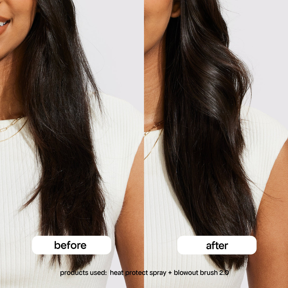 before and after heat protect spray and blowout brush