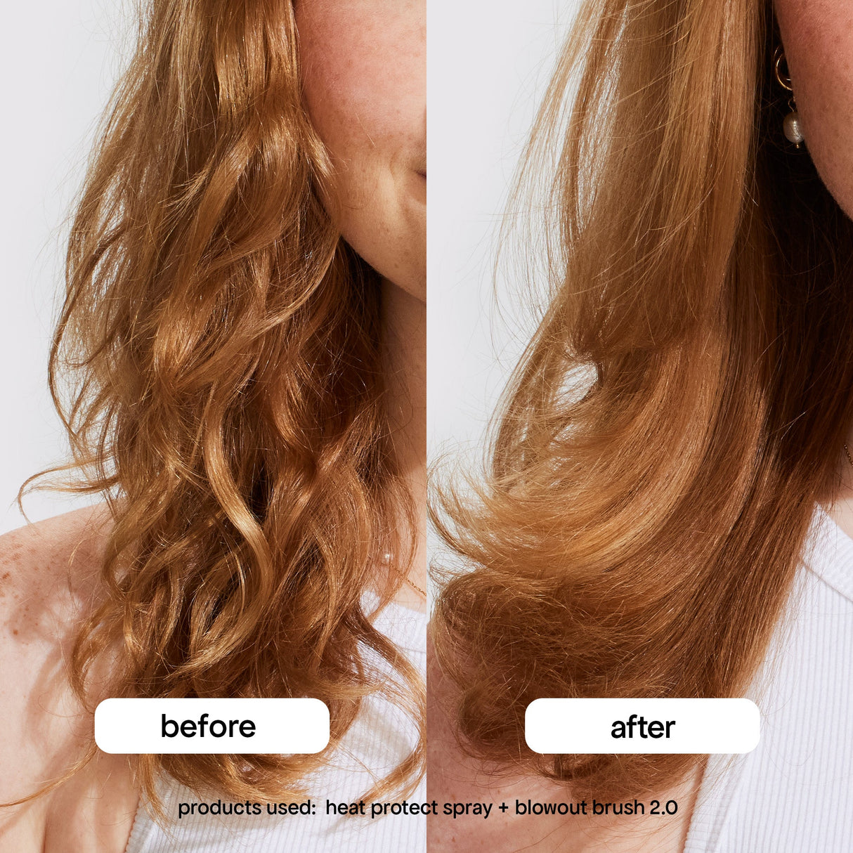 before and after with heat protect spray + blowout brush