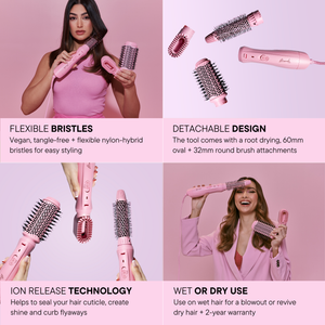 Features and benefits of the Mermade Hair Pink Interchangeable Blow Dry Brush