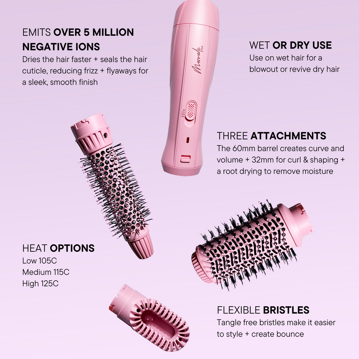 Features and benefits of the Mermade Hair Pink Interchangeable Blow Dry Brush