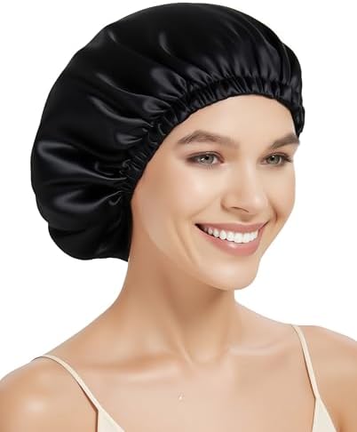 100% Mulberry Silk Bonnet for Sleeping, Double Layered 22 Momme Silk Hair Wrap with Adjustable Elastic Band, Soft & Breathable Pure Silky Hair Bonnet Reduce Frizz (Black)|B0FMRGRW8G