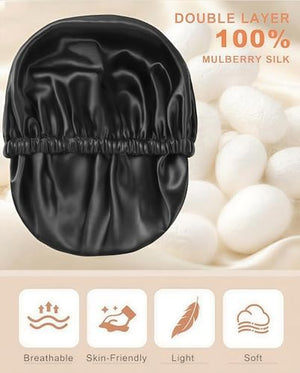 100% Mulberry Silk Bonnet for Sleeping, Double Layered 22 Momme Silk Hair Wrap with Adjustable Elastic Band, Soft & Breathable Pure Silky Hair Bonnet Reduce Frizz (Black)|B0FMRGRW8G