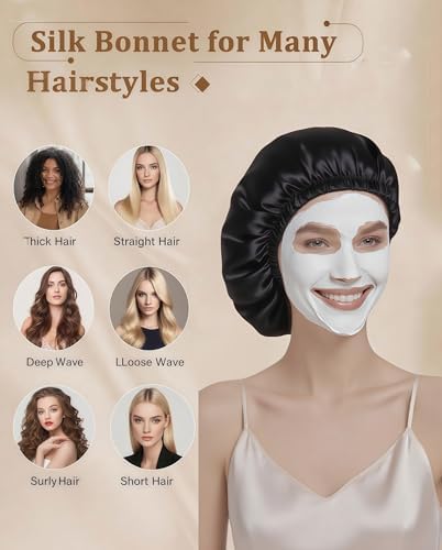 100% Mulberry Silk Bonnet for Sleeping, Double Layered 22 Momme Silk Hair Wrap with Adjustable Elastic Band, Soft & Breathable Pure Silky Hair Bonnet Reduce Frizz (Black)|B0FMRGRW8G