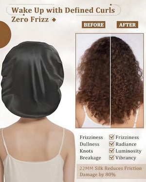 100% Mulberry Silk Bonnet for Sleeping, Double Layered 22 Momme Silk Hair Wrap with Adjustable Elastic Band, Soft & Breathable Pure Silky Hair Bonnet Reduce Frizz (Black)|B0FMRGRW8G