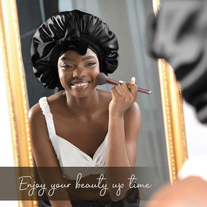 YANIBEST Satin Bonnet Silk Bonnet for Sleeping Hair Bonnet with Tie Band Head Wrap Bonnets for Black Women Curly Natural Hair, Black, L|B0BLYFFMSV