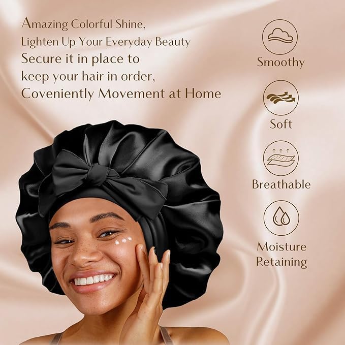 YANIBEST Satin Bonnet Silk Bonnet for Sleeping Hair Bonnet with Tie Band Head Wrap Bonnets for Black Women Curly Natural Hair, Black, L|B0BLYFFMSV