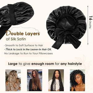 YANIBEST Satin Bonnet Silk Bonnet for Sleeping Hair Bonnet with Tie Band Head Wrap Bonnets for Black Women Curly Natural Hair, Black, L|B0BLYFFMSV