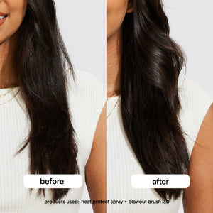 before and after heat protect spray and blowout brush 