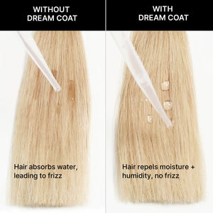 Without Dream Coat, hair absorbs water, leading to frizz. With Dream Coat, hair repels moisture and humidity, resulting in no frizz.